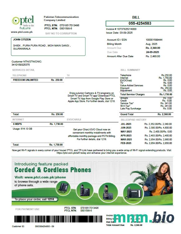 Szablon rachunku za media Pakistan PTCL w formatach Word i PDF